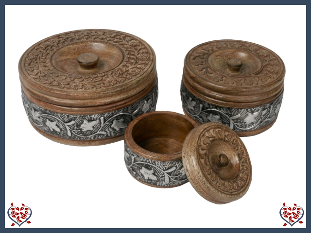 METAL OVERLAY ROUND BOX - WOODEN BOX | Wooden Boxes & Bowls