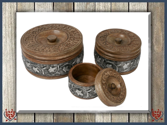 METAL OVERLAY ROUND BOX - WOODEN BOX | Wooden Boxes & Bowls